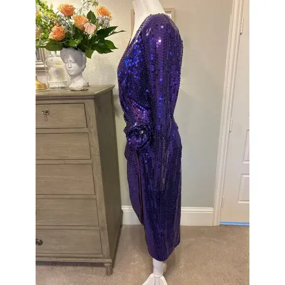 Tadashi | Vintage Purple Sequined Dress with Rhinestone Adorn Flower | 6 - Picture 9 of 15